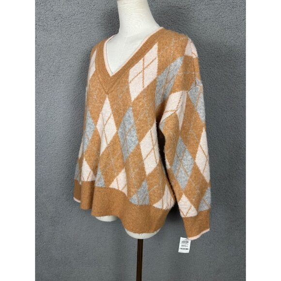 On-34th Women's Argyle V-Neck Drop-Shoulder Sweater Small Multicolor NWI's. - Picture 2 of 8